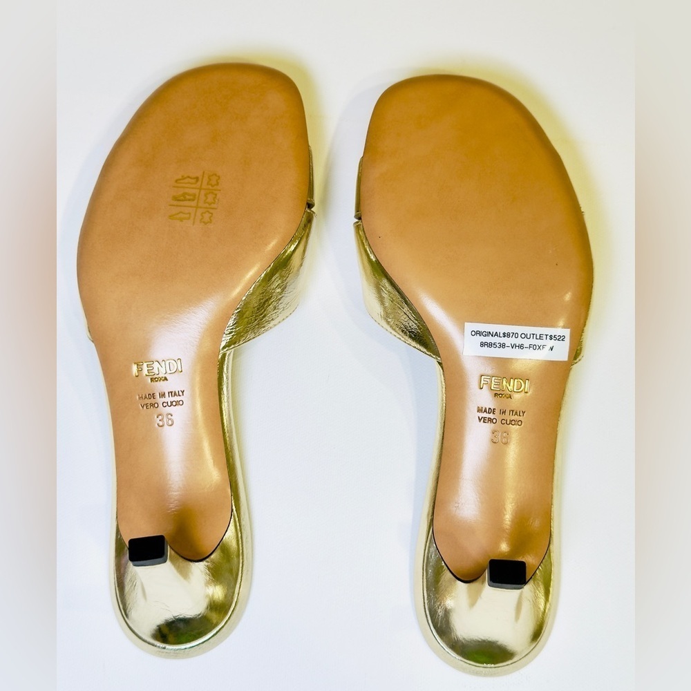 Fendi FFold Metallic Leather Kitten-Heel Sandal Light Gold Open Toe Slide Size36 - Picture 12 of 16